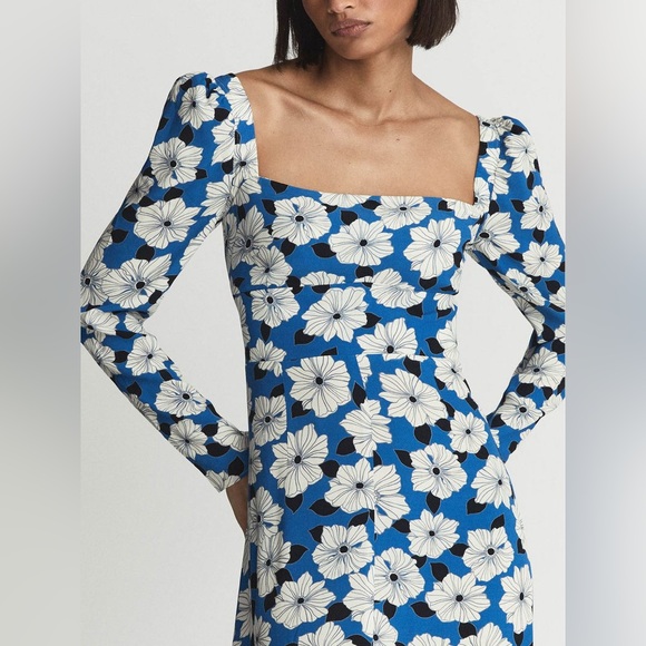 REISS | Miller Blue White Floral Print Square Neck Midi Dress 10 - Picture 2 of 16